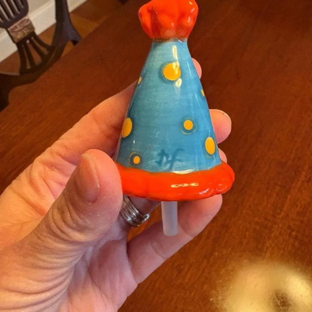 Rare, retired Nora Fleming mini- blue and orange birthday hat